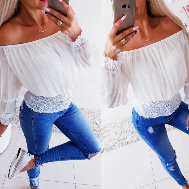 Модная одежда женская с открытыми плечами длинным рукавом Тонкая Осенняя мода