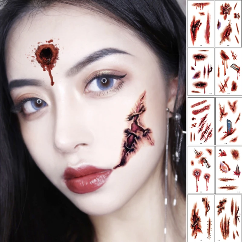

10pcs/lot Halloween Temporary Tattoo Stickers Terror Wounds Realistic Stitched Scars Body Art Men Women Fake Decal Tattoos Sets