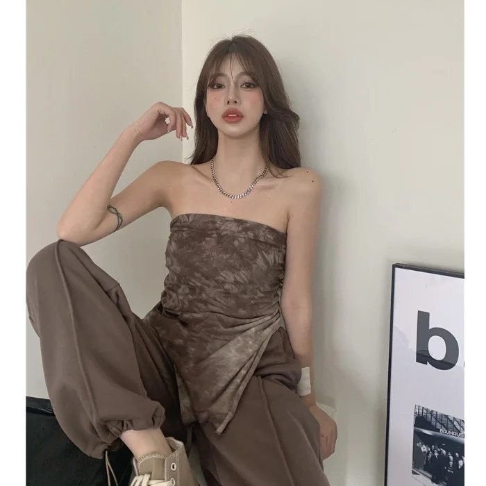 Костюм с брюками для девушек женский летний пикантный короткий топ завязками и