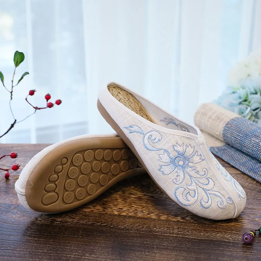 

Veowalk Vegan Women Cotton Fabric Flat Mules Slippers Summer Comfortable Casual Close Toe Embroidered Shoes Grey Green White