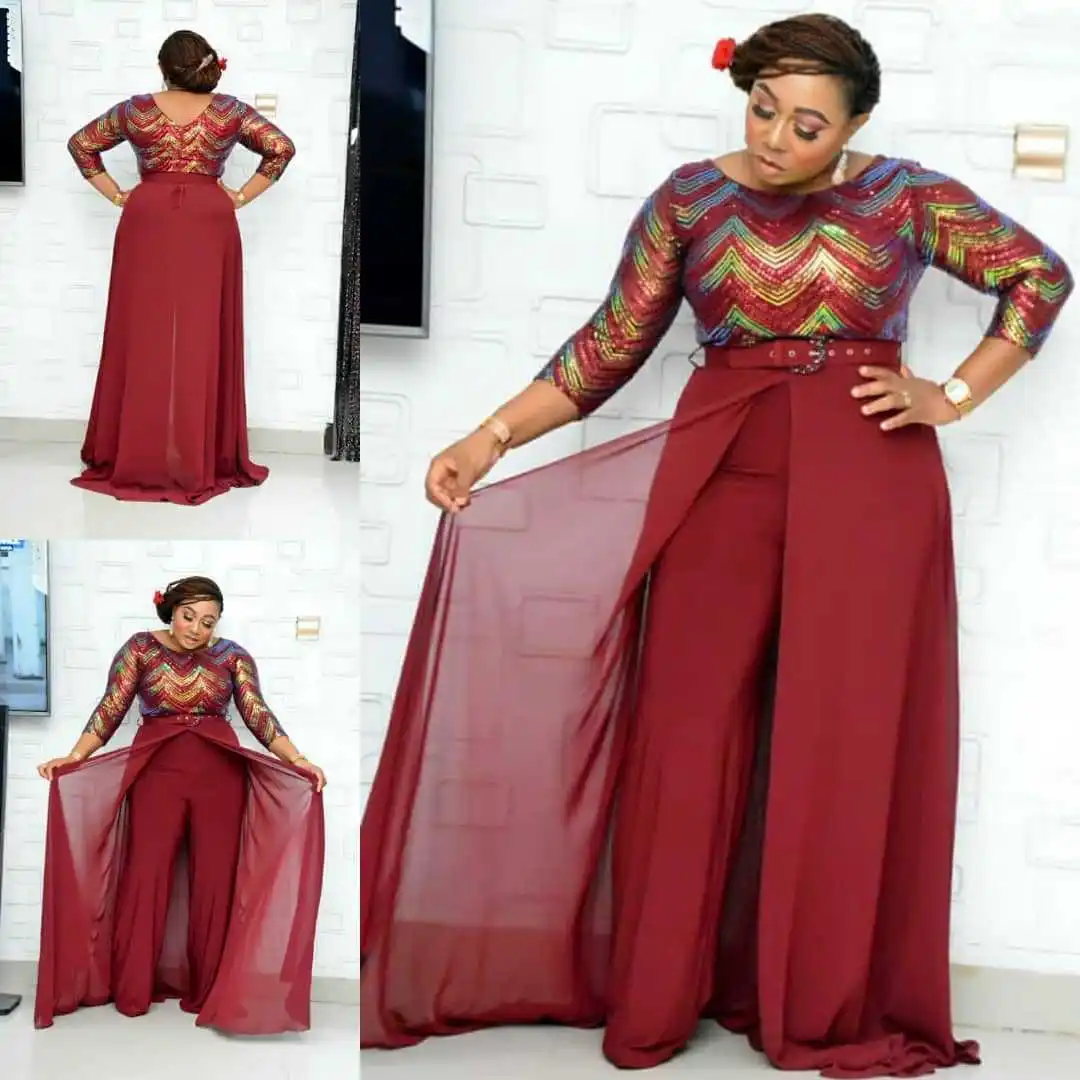 2021 Women Muslim Jumpsuits Beading Long Sleeve Black Red Elegant Islamic Clothing Wide Leg Rompers | Тематическая одежда и