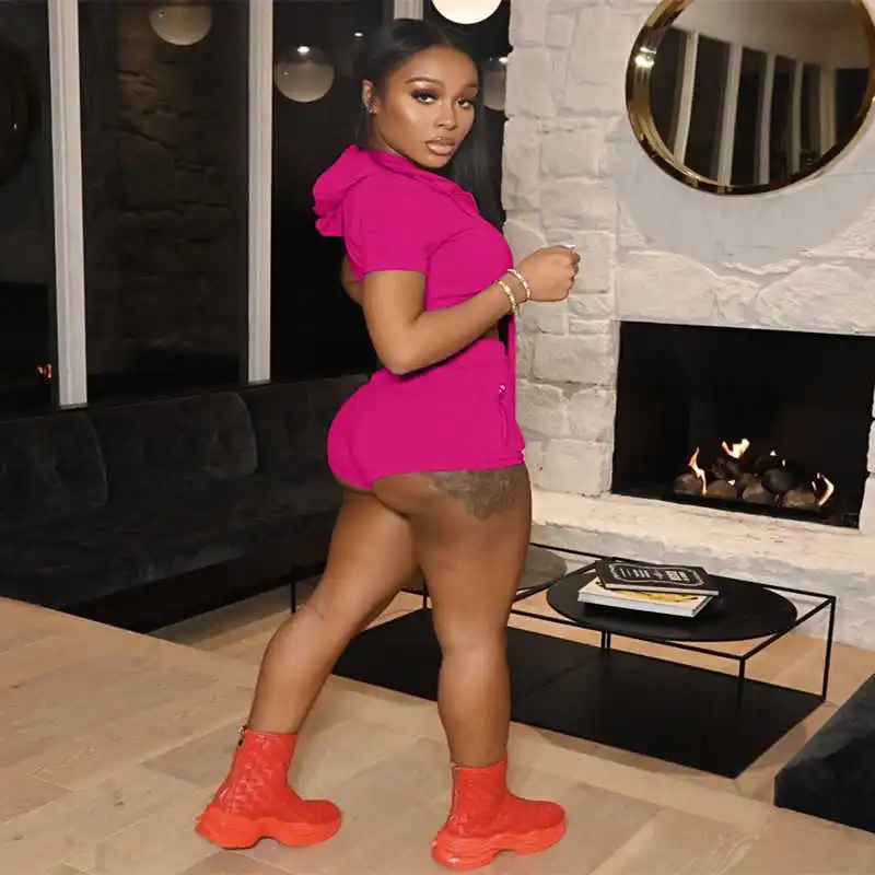 

Solid Hoodies 2 Two Piece Set Women Tracksuit Zip Crop Top+Biker Shorts Sets Sport Casual Vacation Outfits Summer