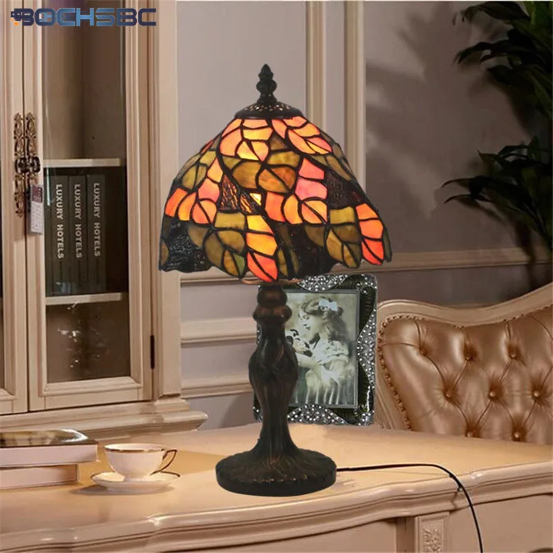 

BOCHSBC Tiffany style table lamps wind fallen leaves 8 inch desk light yellow lampshade alloy lamp lighting e14 home arts decor