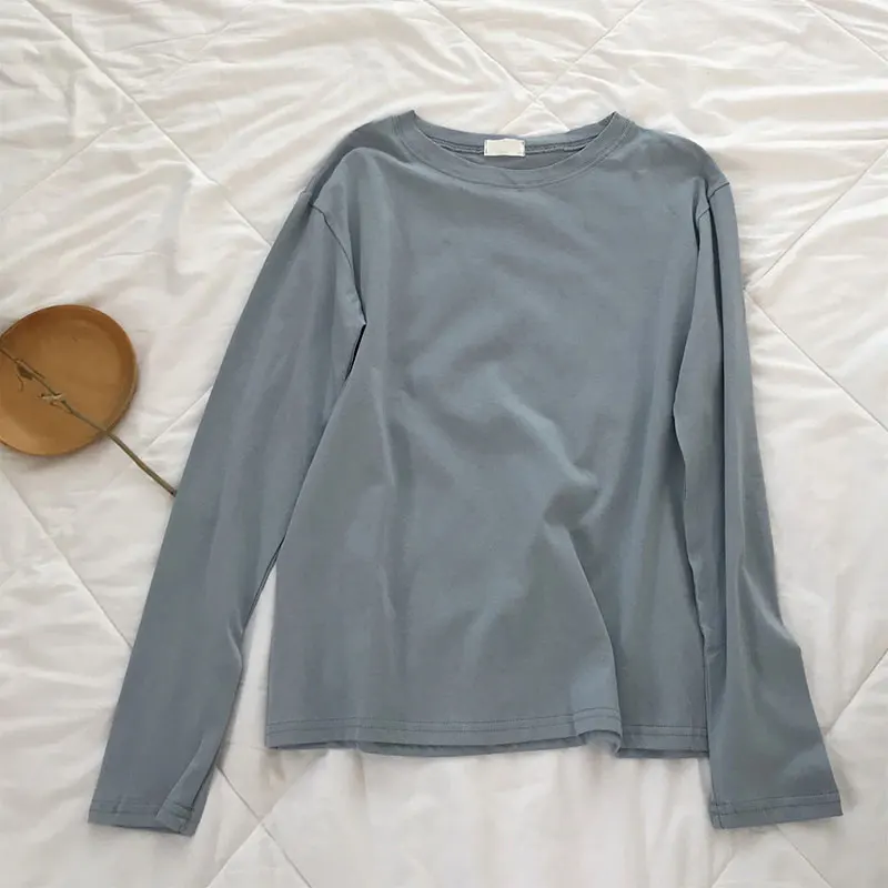 Gray blue 22 Однотонная футболка с длинным рукавом Женская Kpop шикарная свободная хлопковая Футболка с круглым вырезом черная Harajuku Kawaii простая Базовая футболка Femme - Цвет: Gray blue