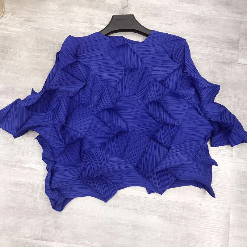 Синий Changpleat летние новые женские свободные футболки Топы Miyak плиссированные модные однотонные 3/4 рукав Большие размеры женская футболка Tide T9880 - Цвет: Синий