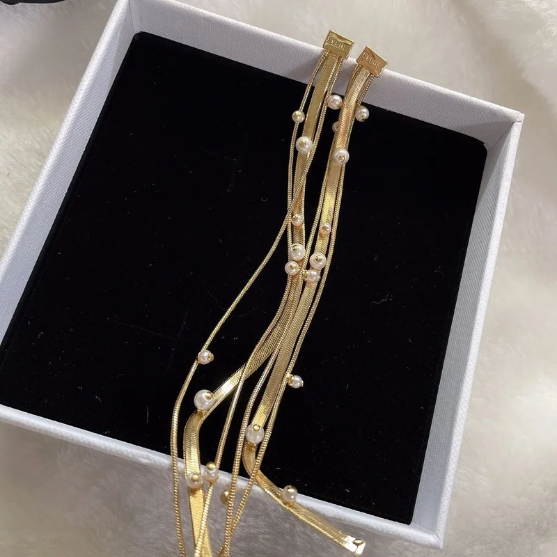 

European and American ultra-long tassel light gold pearl earrings exaggerated temperament earrings
