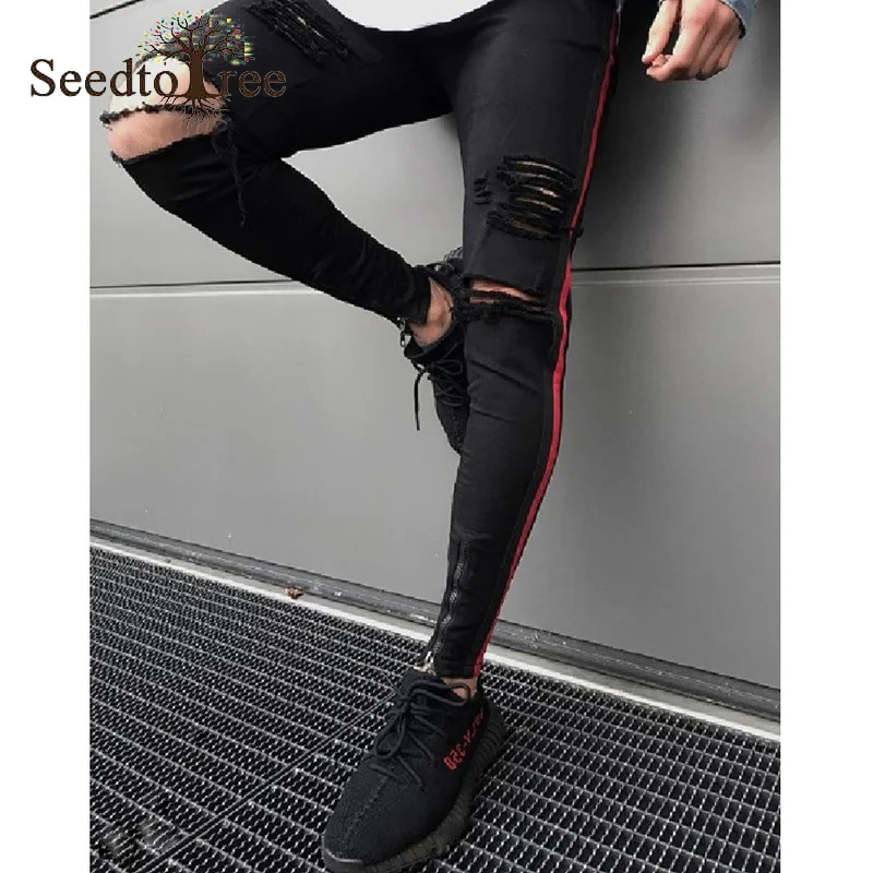 

Men's Jeans Solid Color Small Feet Slim Fit Denim Trousers Hole Pencil Pants