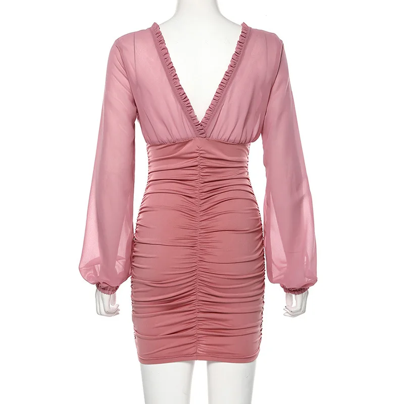 

Solid Patchwork Ruffle V-Neck Bodycon Dress Long Puff Sleeve Backless Sexy Dress Autumn Winter Party Women Mini Dress