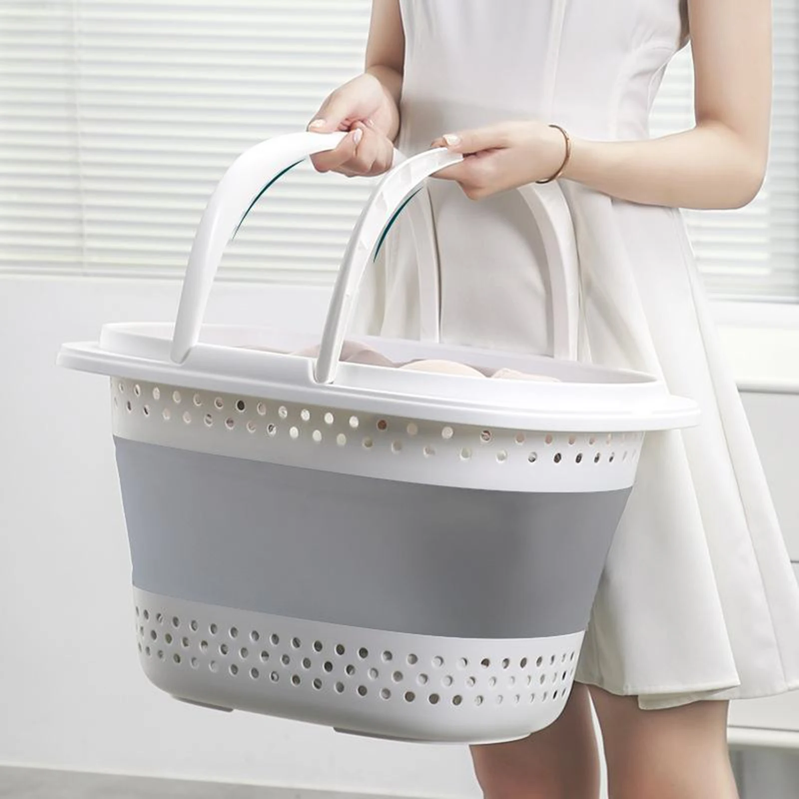 

Plastic Collapsible Laundry Drain Basket Large Storage Bin with Handles