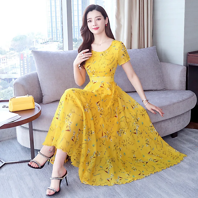 

New style big long short-sleeved chiffon floral dress female long skirt summer plus size temperament was thin