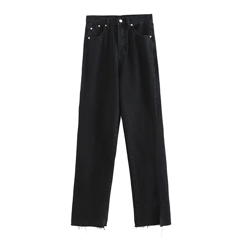 

TVVOVVIN New High Waist Split Straight Washed Denim Pants Women's Spring Fashion Black Rough Edges Slim Loose Jeans FCQQ