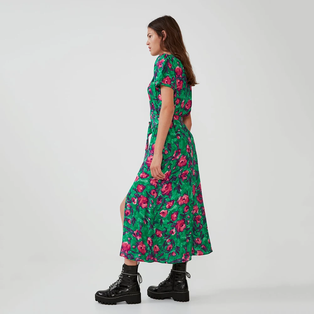 2019 ZA женское платье с принтом круглым воротником и разрезом сбоку коротким