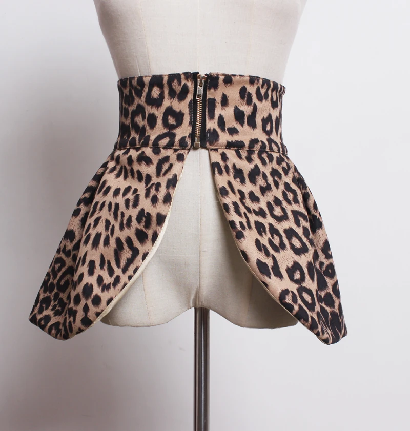 2021 spring new women sexy leopard corset designer peplum belt black PU asymmetrical wide belt zipper front night club burgundry