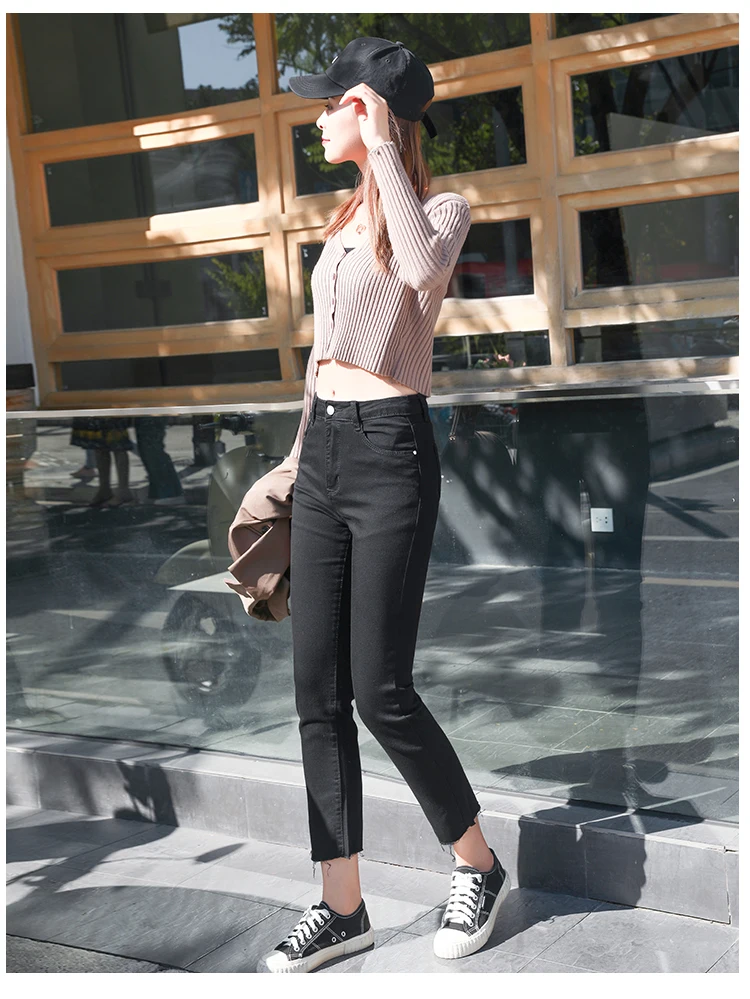 

Jeans Women's Fashion Temperament Slim Slim High Waist Wide Legs Cropped Raw Edge Stretch Pants Courtyard Straight Casual Pants