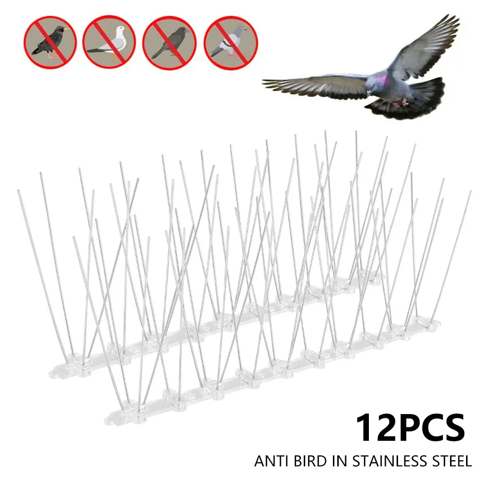 Juego de 12 pinchos de acero inoxidable para disuadir aves y palomas, Kit de p&uacute;as resistentes para Control de aves, para techos de torres de casa-0