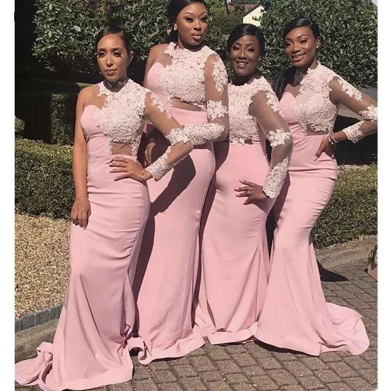 

Black Girls Pink Lace Mermaid Bridesmaid Dresses One Shoulder Long Sleeves Sweep Train Applique Maid Of Honor Gowns