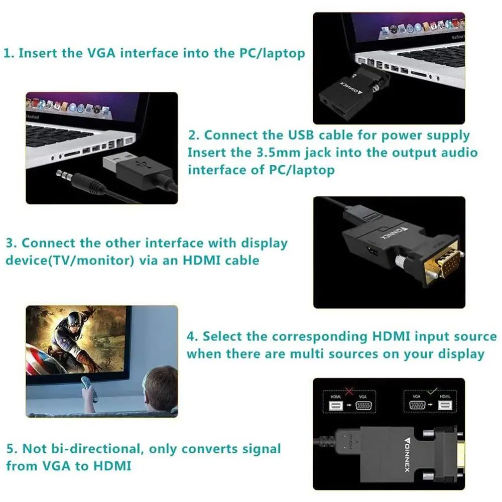 FOINNEX VGA to HDMI Adapter Converter with Audio,(PC VGA Source Output to TV/Monitor with HDMI Connector)