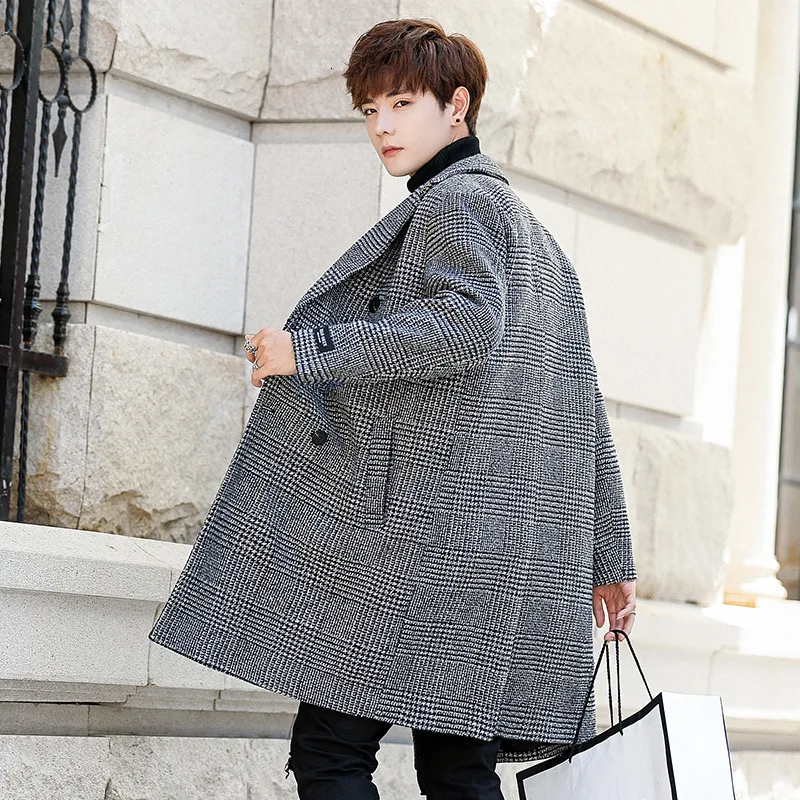 Зимняя длинная Мужская куртка корейский стиль свободный крой двубортный Тренч