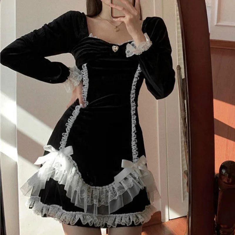 

French Renaissance Courtly Style Gentle Retro Fairy Dress Gothic Dark Angel Kawaii Lolita Sweet Girl Black Bow Lace Chic Dress