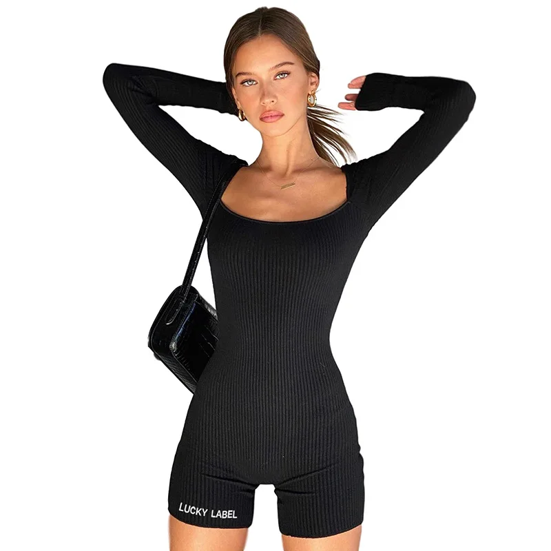

Black Jumpsuit Rompers Bodycon Women's Gym Wear Long-Sleeved Square Collar Slim Bottoming Leggings Shorts Summer Femme 2021