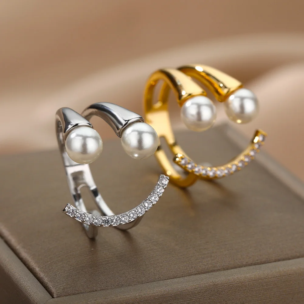 Винтажные открытые золотые кольца с имитацией жемчуга и улыбающимся лицом в