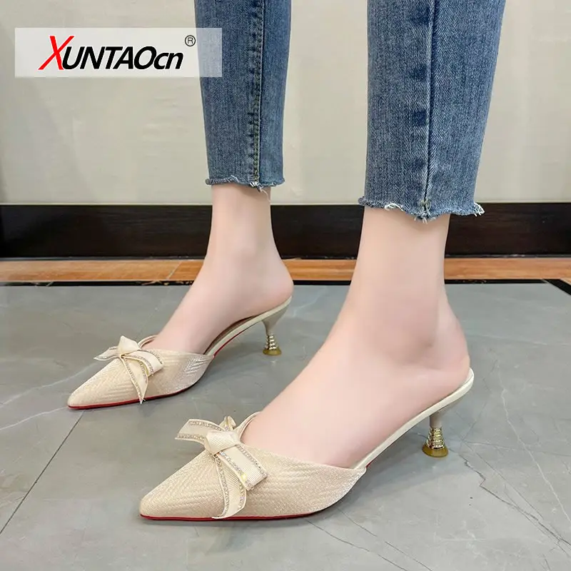 

2021 New Glitter Rhinestone Ladies High Heels Crystal Bow Satin Summer Ladies Shoes High Heels Party Prom Shoes