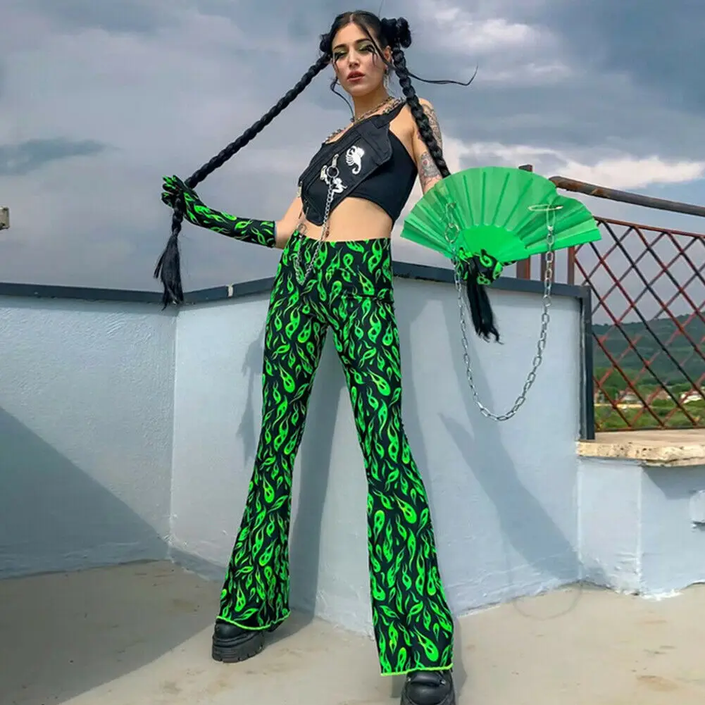 Женские расклешенные брюки эластичные в стиле хип хоп с высокой талией и зеленым