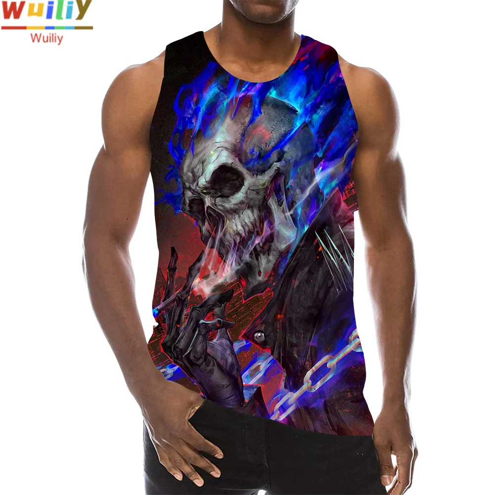 Podkoszulki z dymem czaszki dla mężczyzn lato płomień szkielet graficzny druk 3D bez rękawów Sport siłownia topy Hip Hop fajna koszulka plażowa bez rękawów