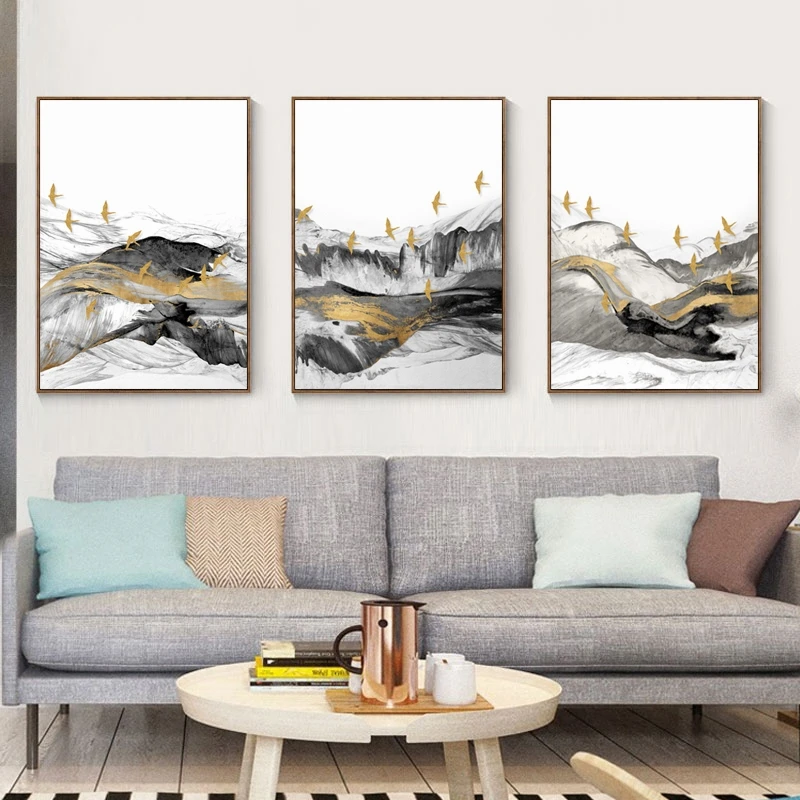 

Nordic Abstract Art Landscape Gray Golden Combination Painting Wall Art Picture Canvas Poster Print For Living Room Decoration