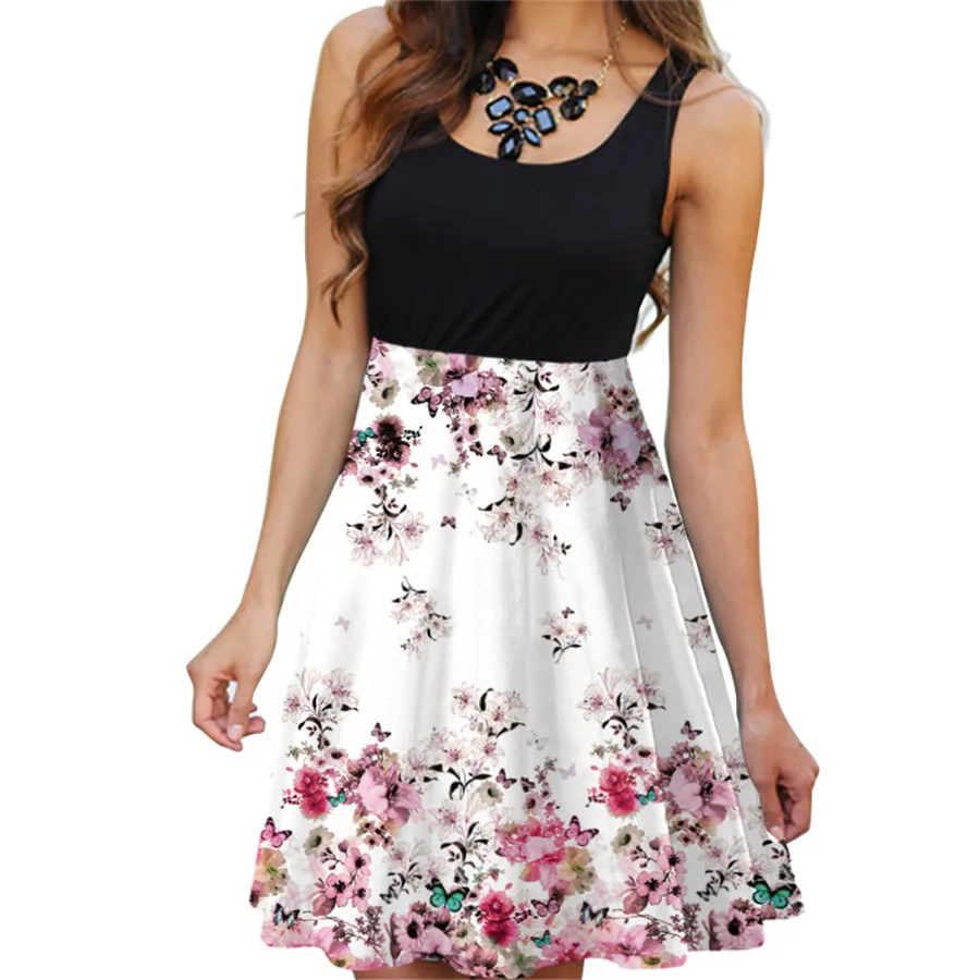 

Plus Size Summer Womens Dresses Sleeveless Floral Printed A Line Womens Dress Casual Party Ladies Dress