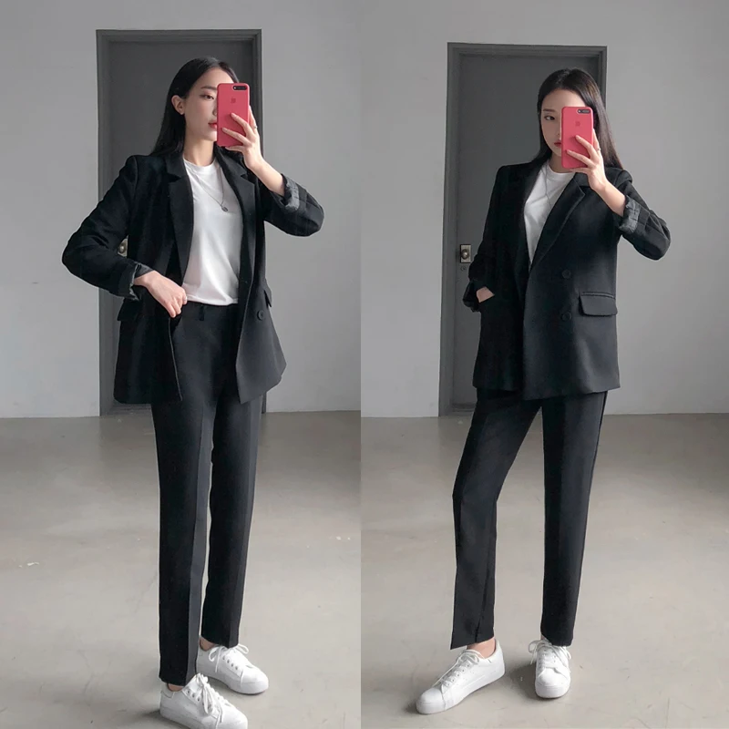 

2 piece set women new double-breasted suit jacket fashion OLprofessional female casual jacket with nine-point pants women's suit