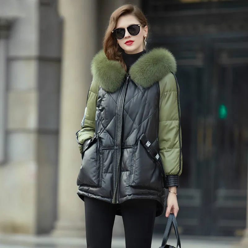 

Женское пальто из 100% натуральной овечьей кожи, зимняя куртка с капюшоном из лисьего меха, женская одежда 2020, корейские пуховики из натуральн...
