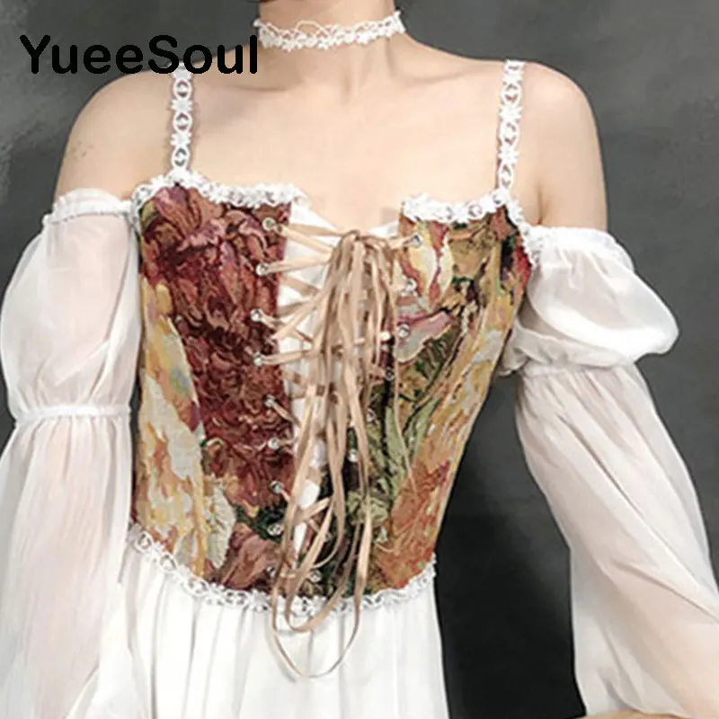 Vintage Y2K Tops Floral Yarn-dyed Lace Sleeveless Strap Corset Bustier 2022 New Grunge Fairy Core Cute Sweet E Girl Crop Top