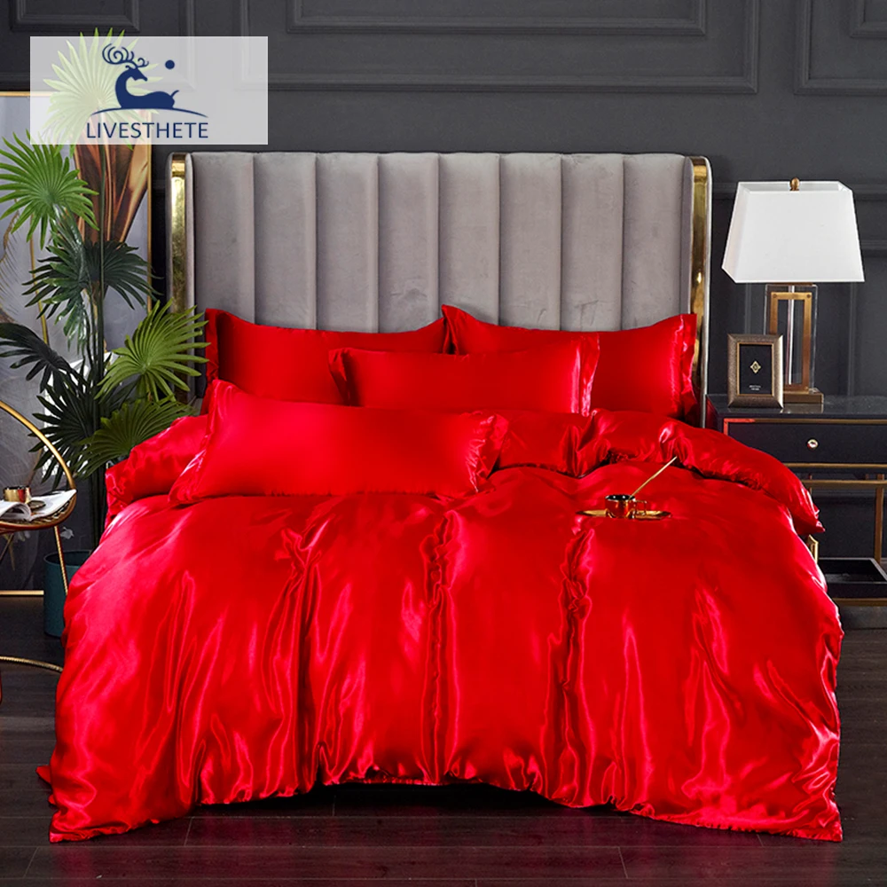 

Liv_Esthete Satin Silky Red Luxury Bedspread Bedclothes Single Family Suite Double Bed Linen Set Shiny Duvet Cover Bedding Set