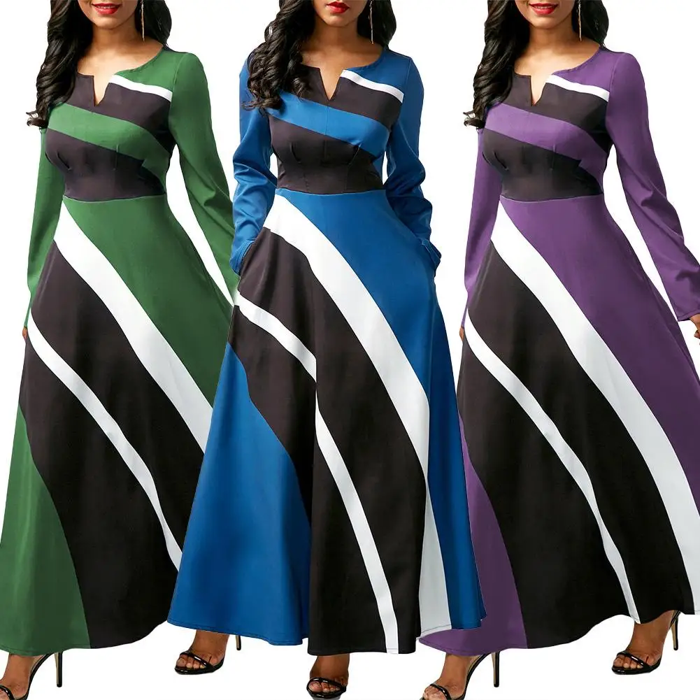 

Women Long Sleeve V Neck Color Block High Waist Large Swing Party Maxi Dress Robe Autumn Casual Long Dresses