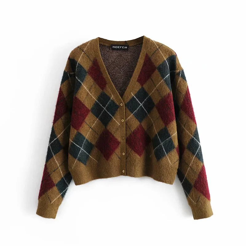 

Осенняя Новинка женский Британский стиль ретро свободный ромбик клетчатый v-образный вырез однобортный женский свитер с длинными рукавами