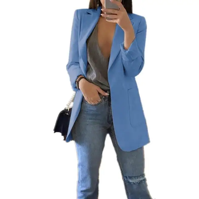 blue Тонкий Женский блейзер Осенняя модная куртка Женский офисный однотонный Карманный деловой блейзер с вырезом Женское пальто плюс размер S-5XL - Цвет: blue