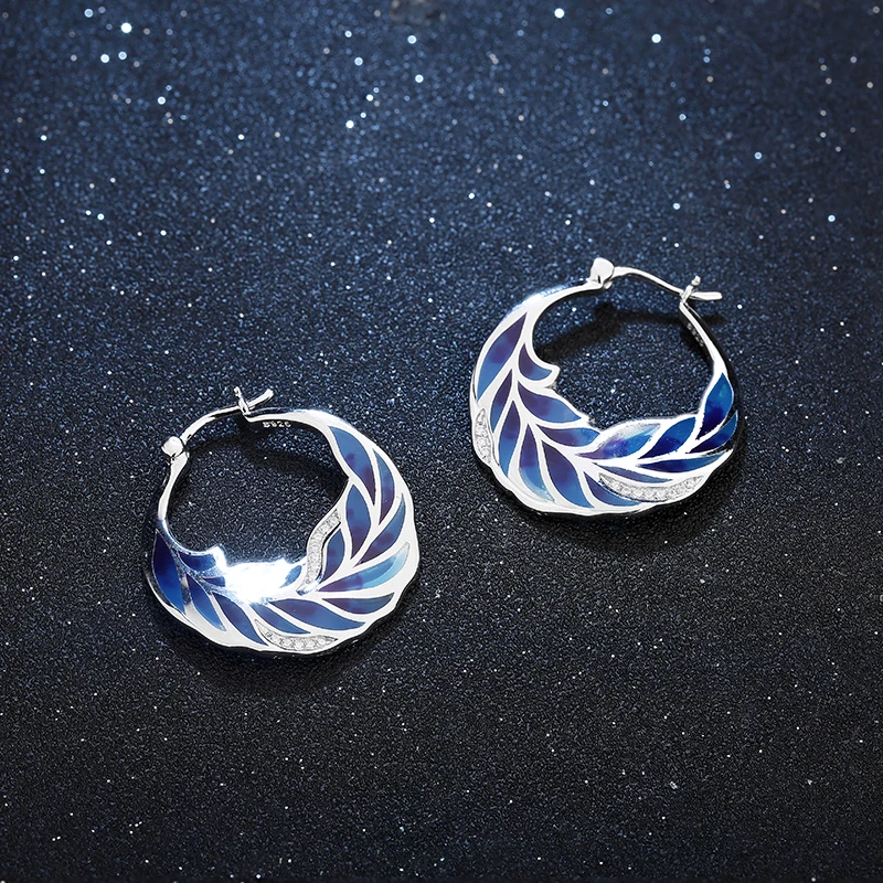 Женские серьги с синими перьями из серебра 925 пробы белым кубическим цирконием и