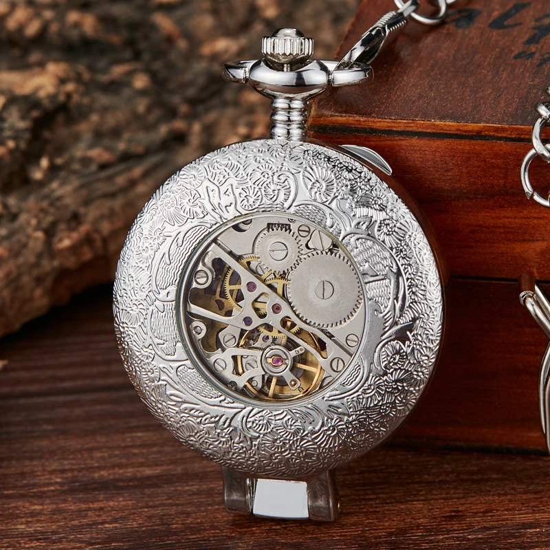 Gorben Transparent Cover Automatic Mechanical Pocket Watch Men Retro Casual Skeleton Dial Silver Hand Wind Fob Chain Watches