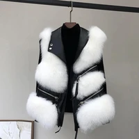 autumn winter sleeveless short fox fur coat vest women vintage spliced warm leather fur jacket vest female waistcoat streetwear