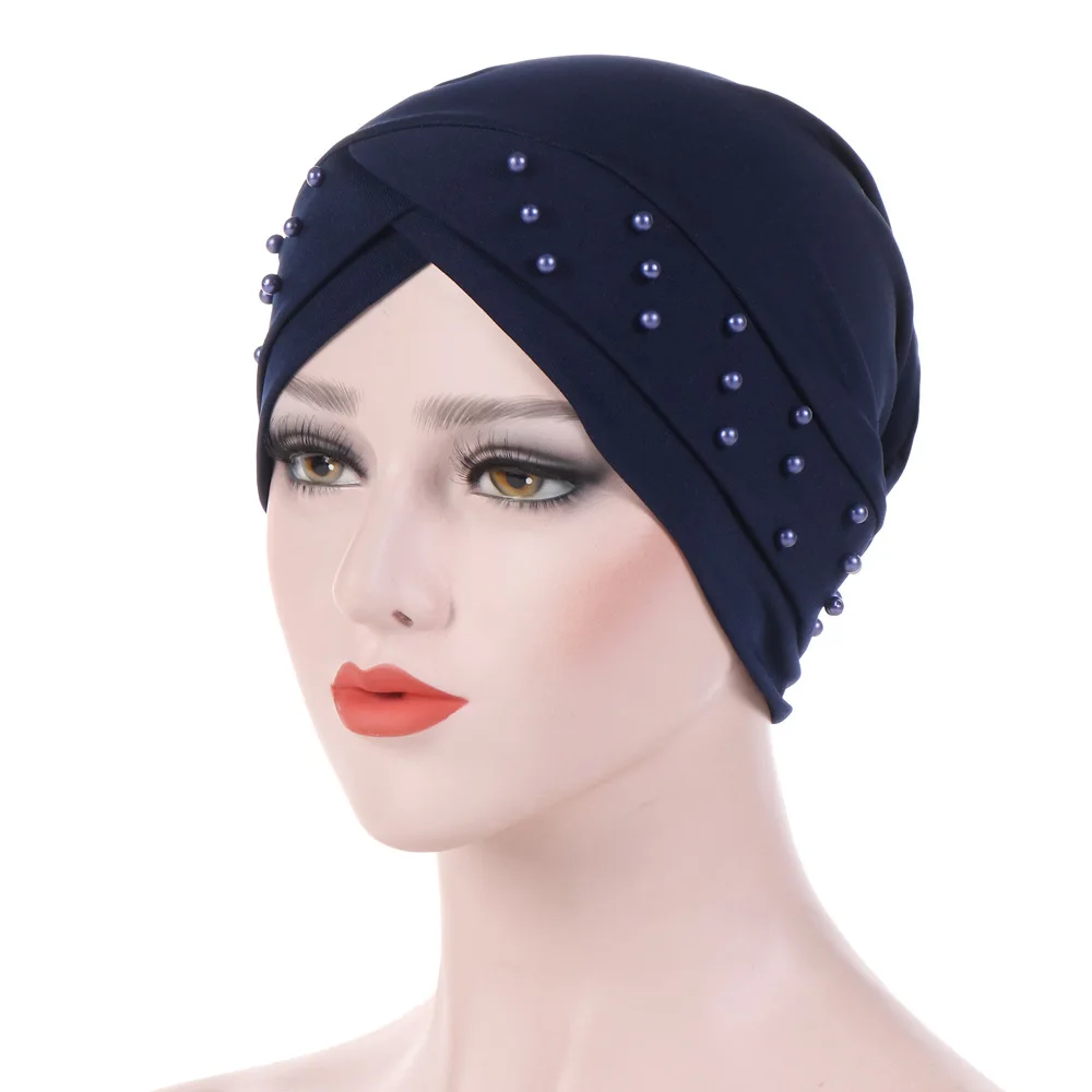 

New elastic cloth forehead cross Indian headtie pearl scarf cap chemo hat