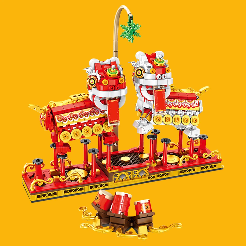 Chinese City Street MOC Compatible DIY New Year Lion Dance Dragon Building Block Creative Brick Toys for Kids | Игрушки и хобби
