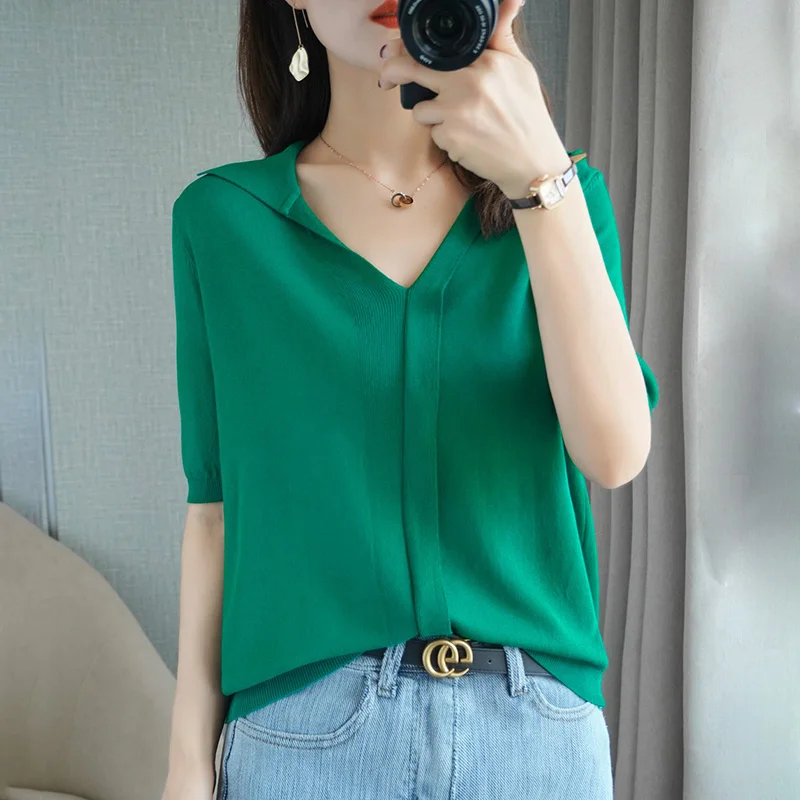 

Women's summer polo collar cotton short sleeve loose needle T-shirt solid low collar age reducing thin top