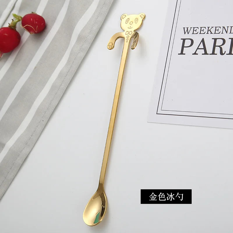 

Stainless Steel Ice Spoon Cartoon Bear Spoon Hanging Cup Spoon Long Handle Coffee Stirring Spoon Dessert Spoon Set