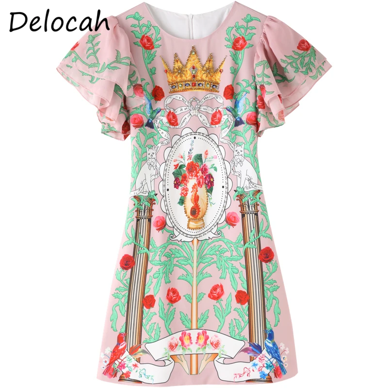 

Delocah Summer Women Fashion DesignerShort Dress Butterfly Sleeve Gorgeous Crystal Beading Floral Print Ladies A-Line Dresses