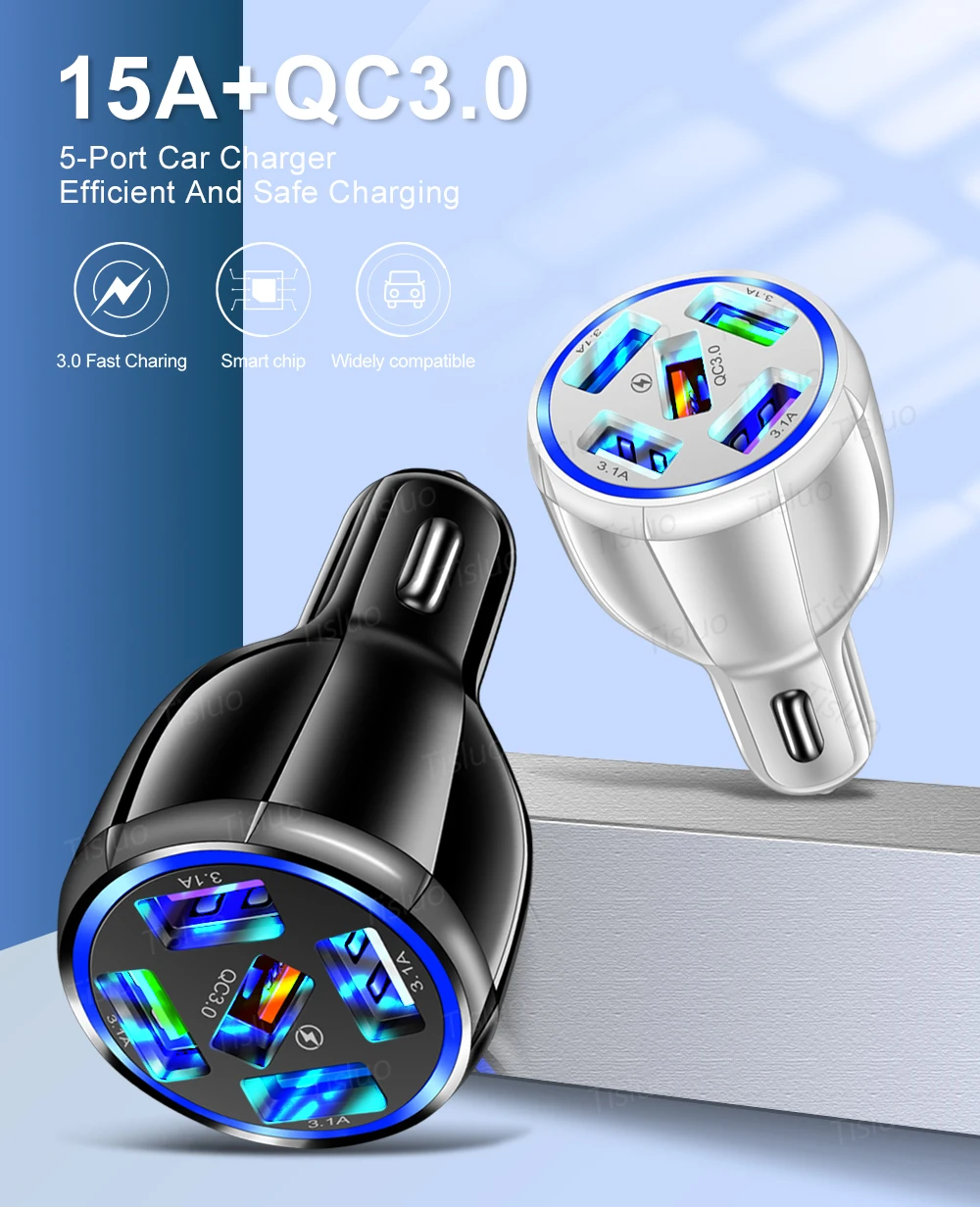 Quick Charge 3.0 Car Charger QC3.0 5 Ports Fast charging Car phone Charger For Samsung  Xiaomi iPhone Car Mobile phone Charger