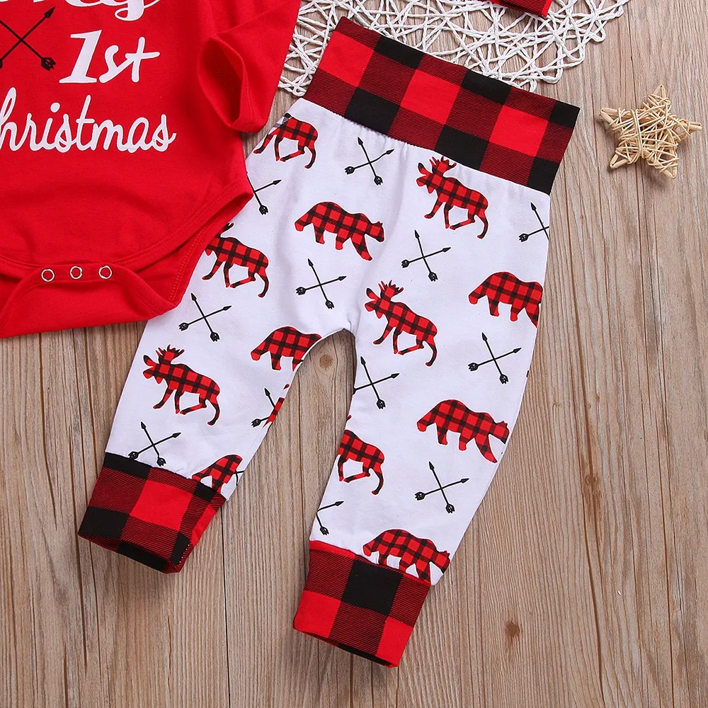 

3Pcs Baby Clothing Set CHRISTMAS Bodysuit and Pants with Hat Set Newborn Baby Outfits