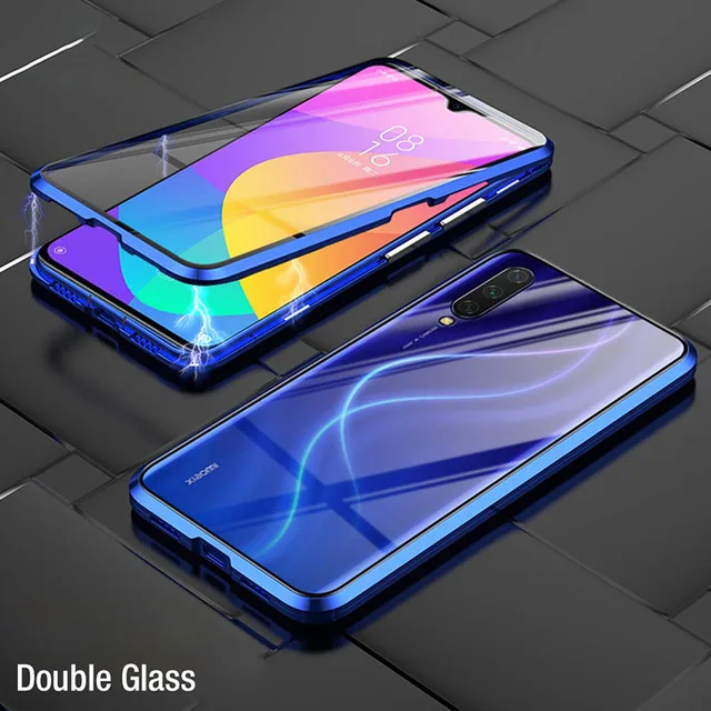 Blue Магнитный флип-чехол для Xiao mi 9 mi 9se 9 se Lite 9Lite светильник A3 металлическая рамка, двустороннее стекло 360 ° полное покрытие mi Note 10 Pro - Цвет: Blue