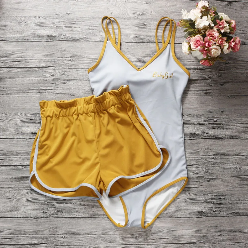 

New Women One Piece Swimsuit Retro Beachwear Swimwear Ladies Bathing Suit Female Bodysuit Monokini Swimming Suits with Shorts