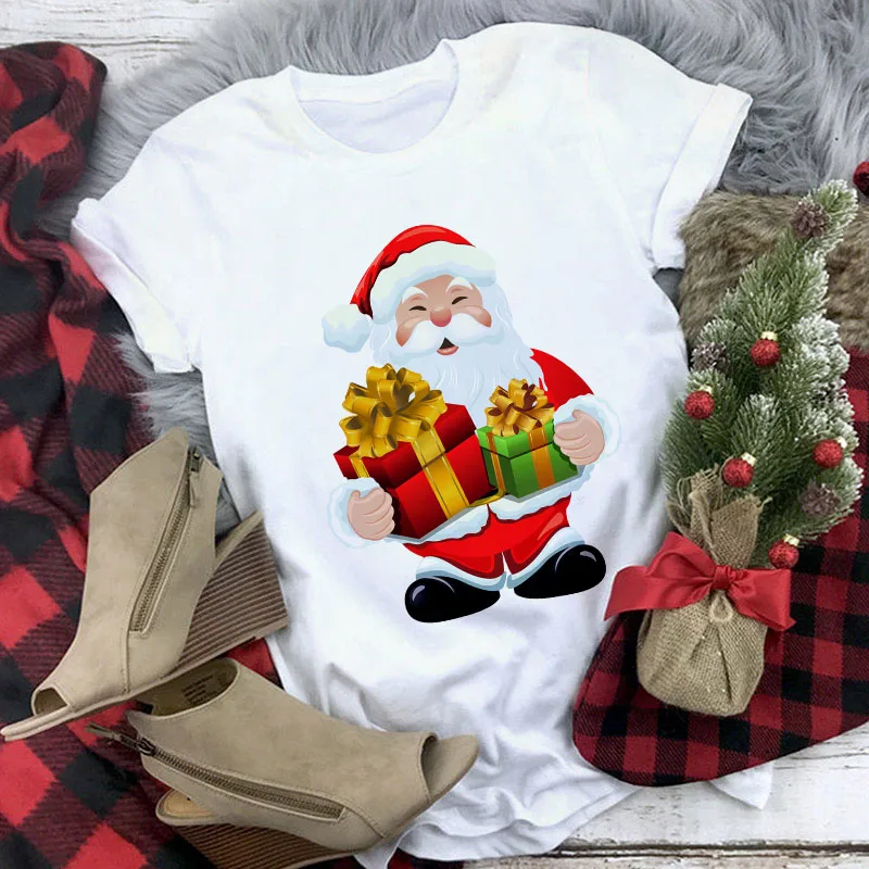 

Cotton Casual Summer New Year Fashion Harajuku Tee Shirt Christmas Xmas Cartoon Printed Top Tshirt Women Tops Female T-shirt
